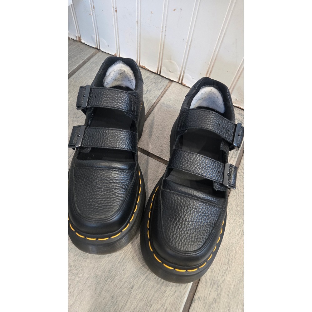 Dr. Martens Black Leather Platform Mary Jane Shoes with Yellow Stitching